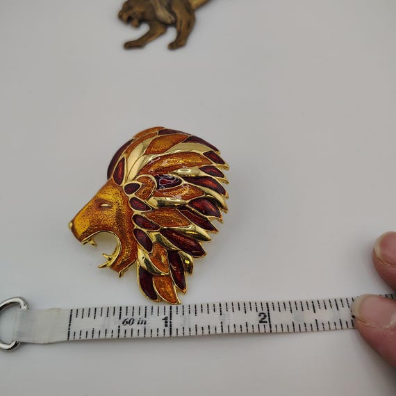 Vintage Lion Brooch Set – Enameled Head & Brass Lion View 5