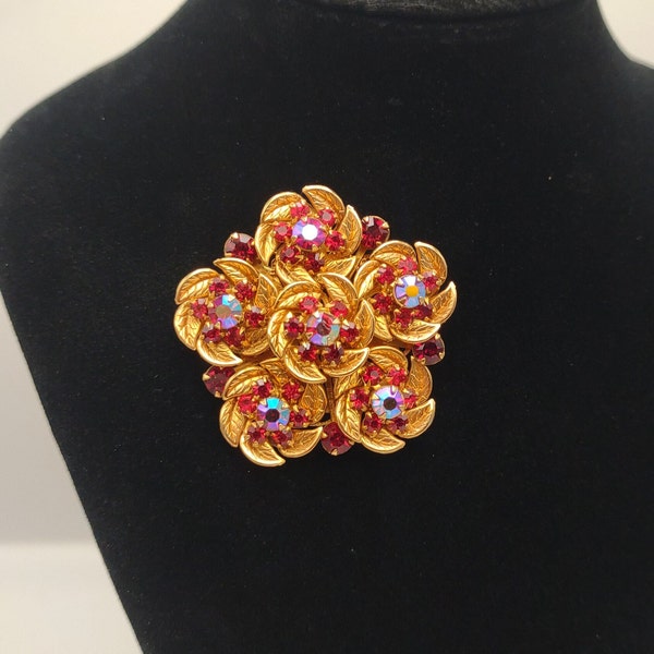 Vintage Red Rhinestone and Red Aurora Borealis Flower Leaf Pin- Juliana Jewelry Style Red Floral Brooch- 1950s Jewelry K#1187