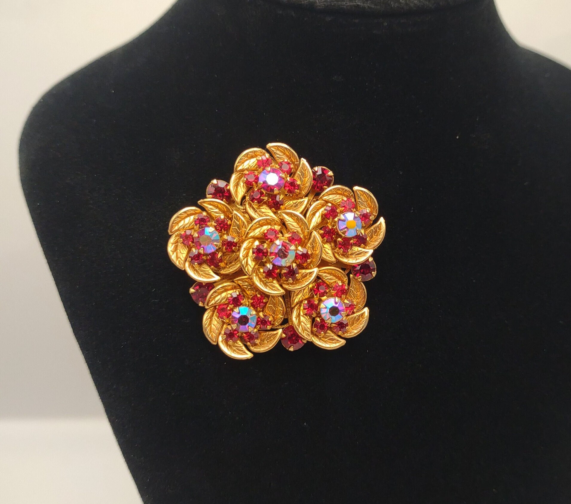 Vintage Red Rhinestone and Red Aurora Borealis Flower Leaf