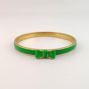 Vintage Kate Spade Kelly Green Enamel Bow Bangle- Gold Tone Statement Slip On Bracelet