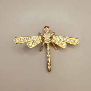 Vintage Trembling Rhinestone Dragonfly Pin-Gold Tone Dragonfly Brooch Adorned with Clear Crystals on Wing & Body and Red Crystal Eyes-K#2775