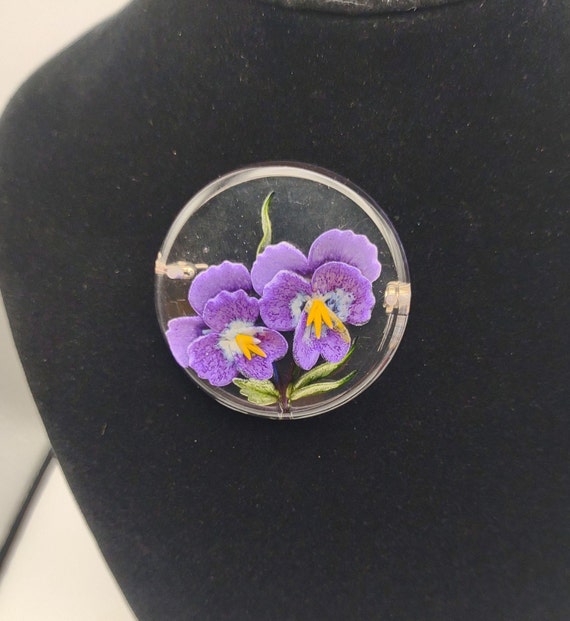 1950s Vintage Lucite Purple Pansy Pin- Clear Lucit