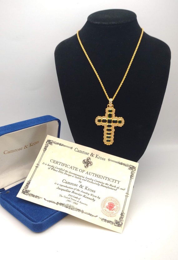 Camrose Kross JBK Cross Necklace Jackie Kennedy Faux Emerald and