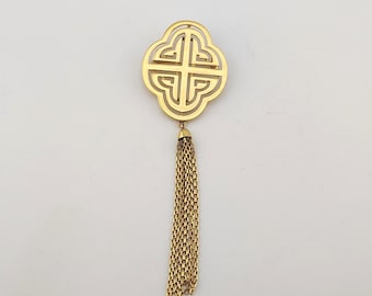 Vintage Signed Monet Gold-Tone Geometric Cutout Brooch with Cascading Chain Tassel