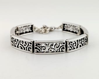 Vintage Brighton Silver-Tone Openwork Scroll Design Link Designer Adjustable Bracelet