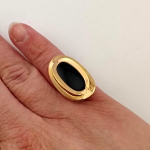 Vintage 18Kt HGE Black Onyx Oblong Sculptural Statement Ring Size 4.75