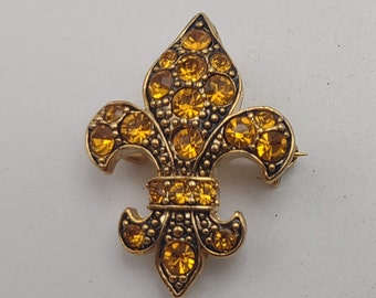 Vintage Golden Fleur De Lis Symbol with Golden Crystal Rhinestones Brooch/ Pin with Pendant Bail- Costume Jewelry- New Orleans Symbol K#913