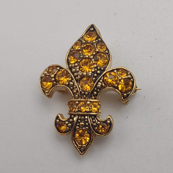 Vintage Golden Fleur De Lis Symbol with Golden Crystal Rhinestones Brooch/ Pin with Pendant Bail- Costume Jewelry- New Orleans Symbol K#913