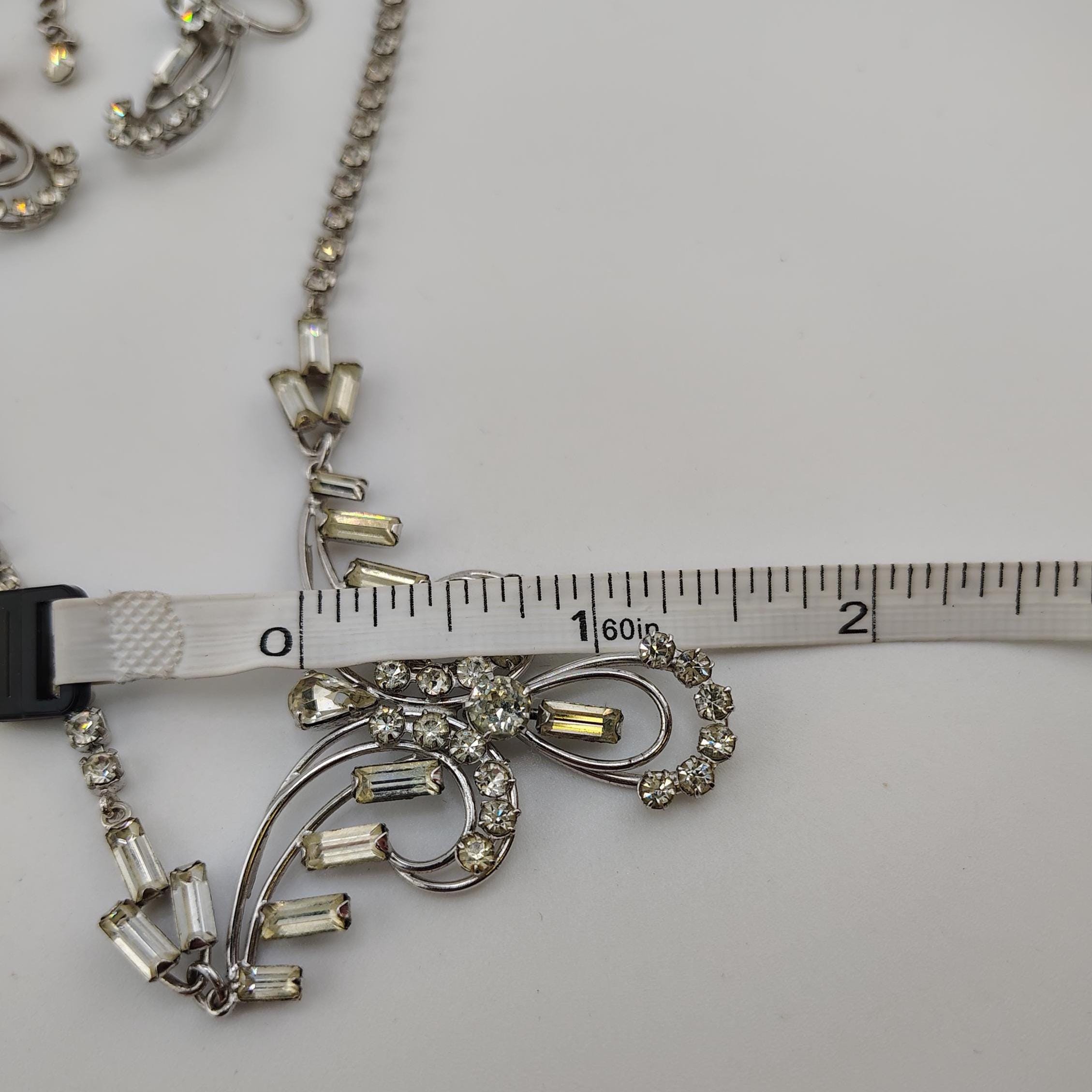 Vintage 1950s Sterling Silver Rhinestone Necklace Earrings Set 