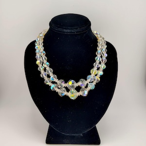 Vintage Aurora Borealis Graduated Necklace- Iridescent Double Strand Beaded Choker- Mid-Century Glass Beads- Sparkling K#769