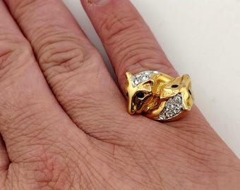 Vintage Rhinestone Double Fox Bypass Moi Et Toi Ring Hugging Foxes Statement Jewelry