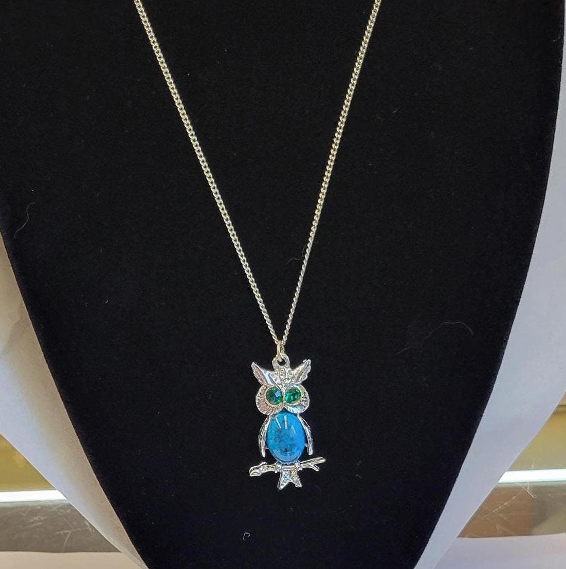 Vintage Faux Turquoise and Rhinestone Owl Necklace - Silver Tone Owl Necklace with Sparkling Green R