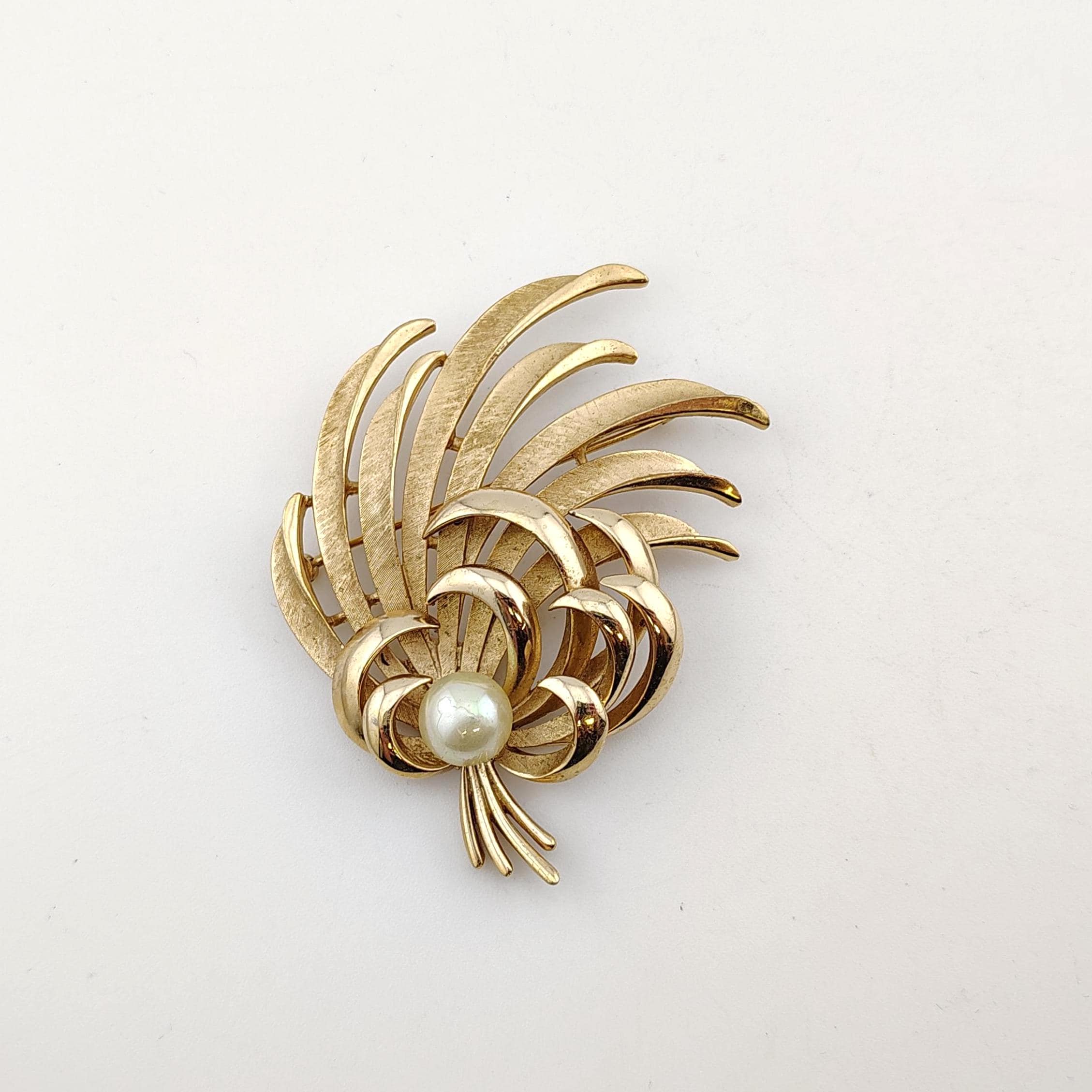 Vintage Signed Crown Trifari Faux Pearl Statement Brooch Textured