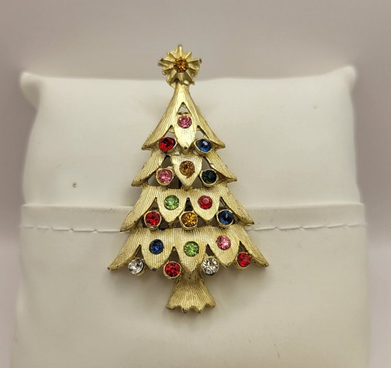 Vintage Colorful Rhinestone Christmas Tree Pin - … - image 1