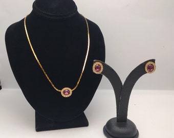 Exclusive Susan Caplan Vintage Christian Dior Necklace and Earrings Matching Set- Faceted Oval Purple Crystal with Clear Crystal Halo K#599