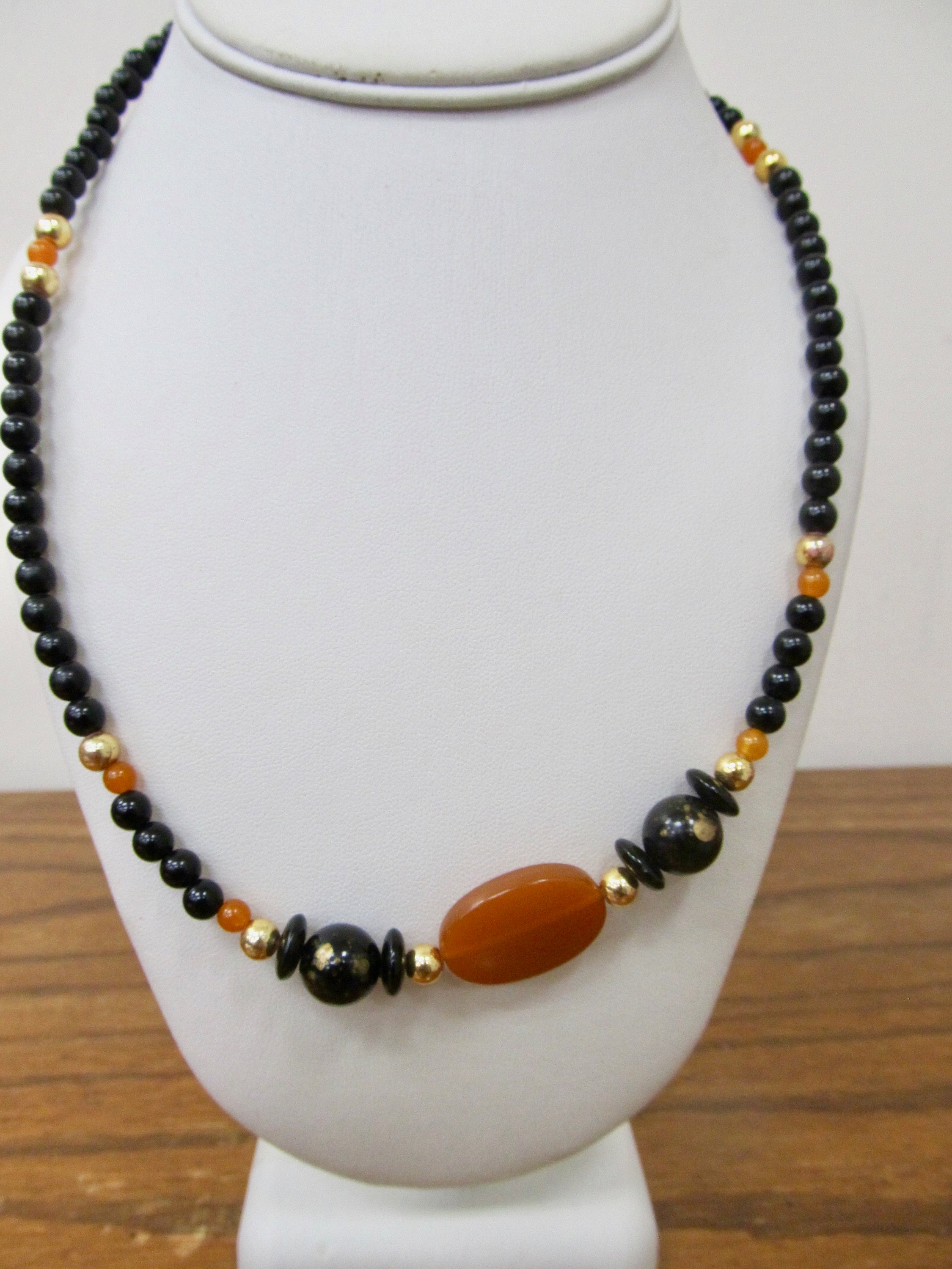 Vintage Black and Orange Plastic Beaded Necklace Item K