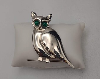 Vintage Silver Tone Green Eyed Owl zitstokken broche Pin-Uil Collector Gift-Mother's Day Gift voor Owl Lover-Vintage kostuum sieraden K#1170