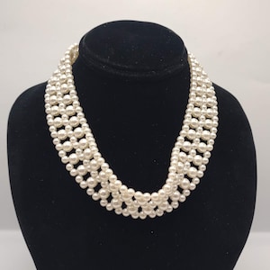 Vintage Faux White Plastic Round Pearl Woven Multi Strand