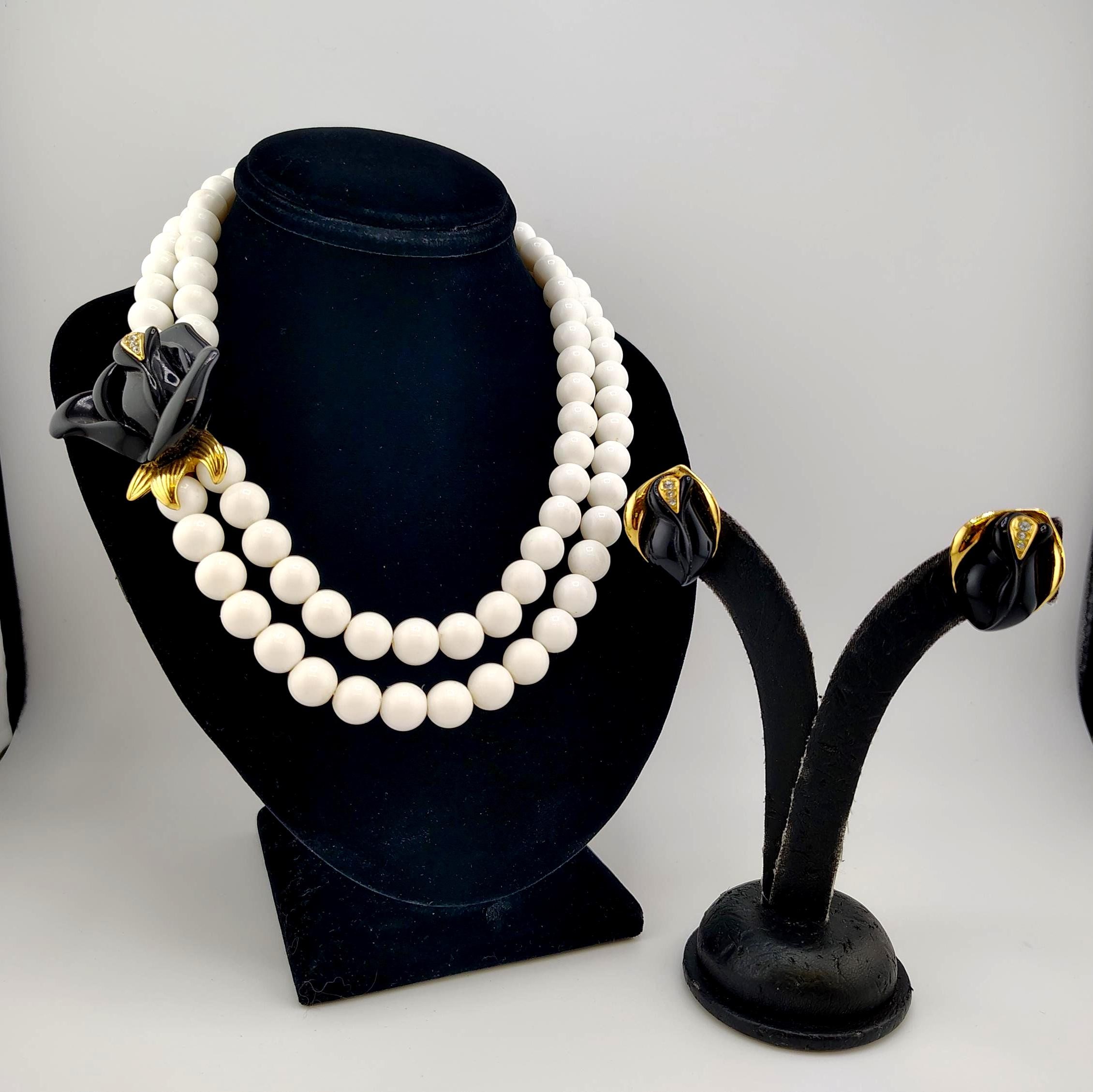 KJL Avon Midnight Rose Set: Black Rose Rhinestone Necklace & Clip