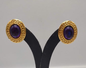 Vintage Trifari Purple Cabochon and Gold Tone Oval Shaped Over Sized Statement Clip on Earrings- Retro Chunky Earrings- Romantic Gift K#458