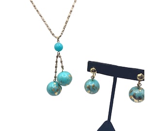 Vintage Gold and Turquoise Beaded Necklace and Earring Set