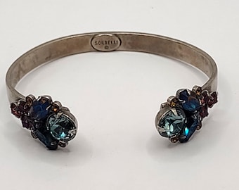 Vintage Sorrelli Blue Crystal Reverse Cuff Bracelet Multicolor Silver Tone Statement