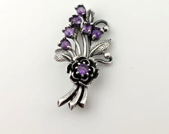 Vintage Sterling Silver Amethyst Floral Spray Bouquet Brooch 925 Signed Estate Flower Pin