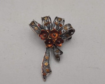 925 Silver Vintage Filigree 3D Floral Ribbon Boutonniere Brooch- Vintage Silver Jewelry- Orange Flowers- Mother's Day Gift K#287