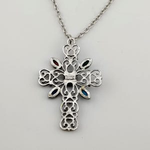 Vintage Signed Avon Ornate Cross Necklace- Large Silver Tone Colorful Statement Pendant image 10