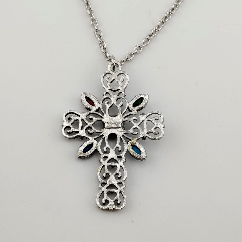 Vintage Signed Avon Ornate Cross Necklace- Large Silver Tone Colorful Statement Pendant image 10