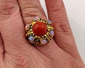 Vintage Faux Coral Domed Cabochon Ring Faux Opal Halo Gold Tone Adjustable Statement Cocktail