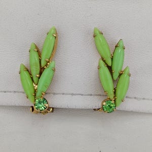 1960s Vintage Fashion Mint Green Cabochon and Faceted Sparkling Glass Fan Design Clip On Earrings- Fun Statement Earrings K#683