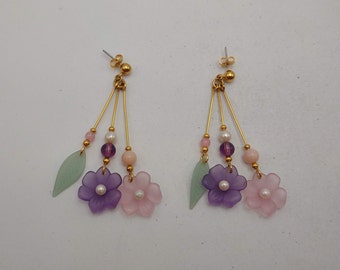 Vintage Avon Spring Swing Dangling Faux Pearl Floral Pastel Frosted Earrings- Pastel Floral Dangle Drop Earrings- Avon Collector K#1029