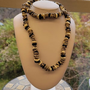 Vintage Earth Tone Abstract Plastic Beaded Necklace - Multi Neutral Colored Beaded Necklace - Beige, Cream, and Black Beaded Necklace- K#342