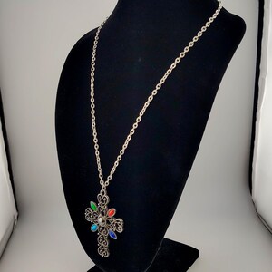 Vintage Signed Avon Ornate Cross Necklace- Large Silver Tone Colorful Statement Pendant image 6