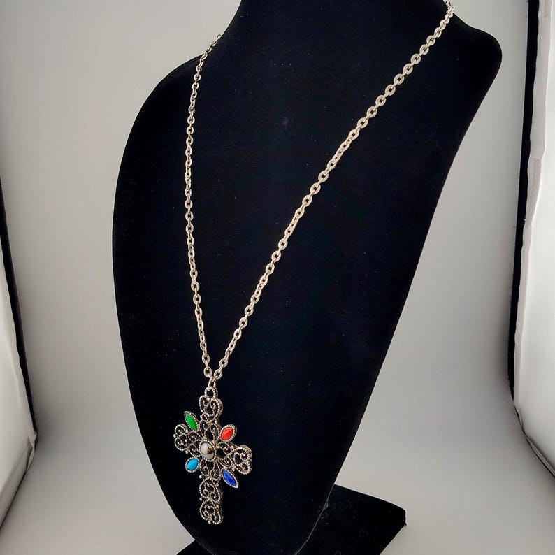 Vintage Signed Avon Ornate Cross Necklace- Large Silver Tone Colorful Statement Pendant image 6