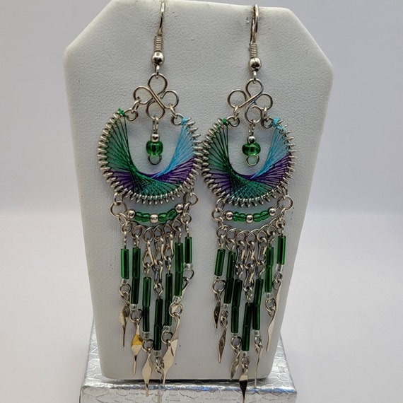 Hand Made Woven Beaded Dangle Earrings - Green, P… - image 2