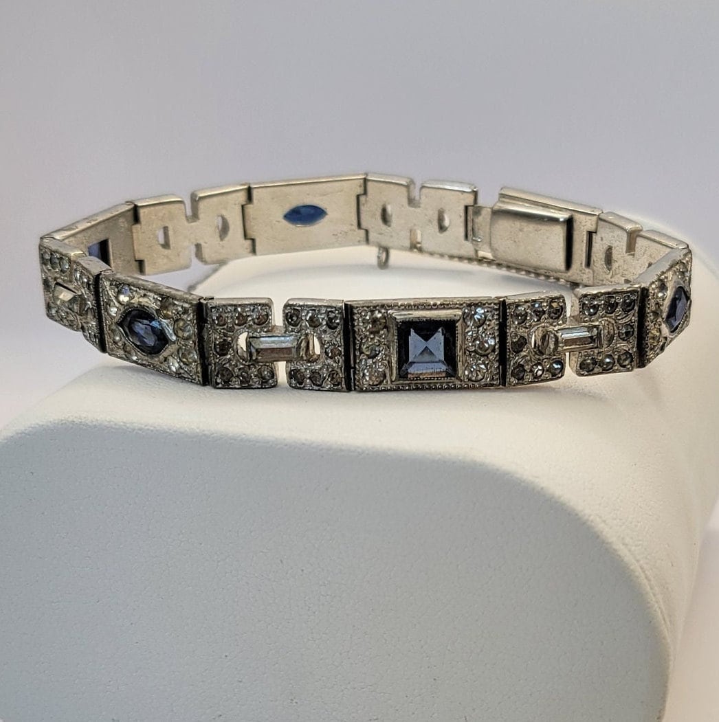 Art Deco Sparkling Rhinestone and Blue Glass Stone Bracelet