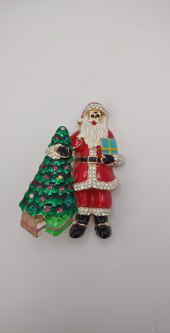 Santa and Christmas Tree Pin- Rhinestone Santa Pi… - image 1
