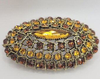 Vintage Art Rhinestone Brooch – Golden Brown Oval Pin