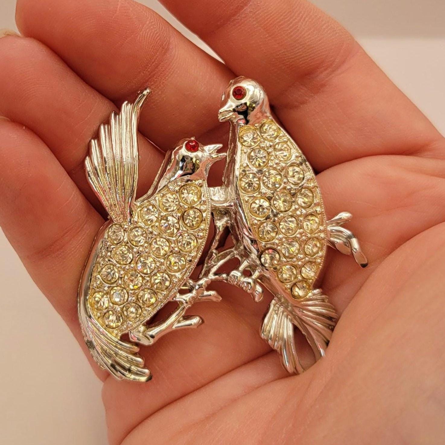 Love Birds Rhinestone Brooch- Silver Tone Two Birds Brooch
