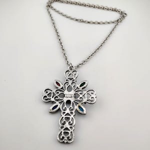 Vintage Signed Avon Ornate Cross Necklace- Large Silver Tone Colorful Statement Pendant image 11