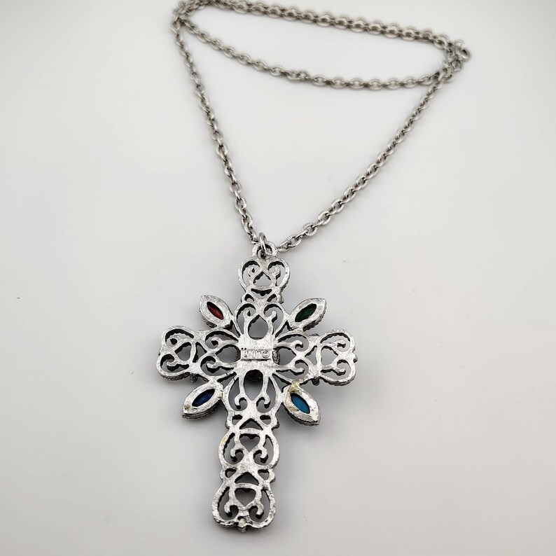 Vintage Signed Avon Ornate Cross Necklace- Large Silver Tone Colorful Statement Pendant image 11