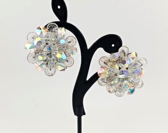 Vintage Aurora Borealis Crystal Cluster Clip On Earrings Shimmering Mid Century Statement