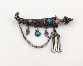 Vintage Hollycraft Saber Brooch Sword Dangle Faux Turquoise Purple Rhinestone Silver Tone
