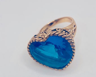 SAJEN  Blue Quartz Heart Ring, Bronze Openwork Heart Ring, Blue Heart Statement Ring, Valentine's Day Gift, Designer Sajen Ring, K #2123