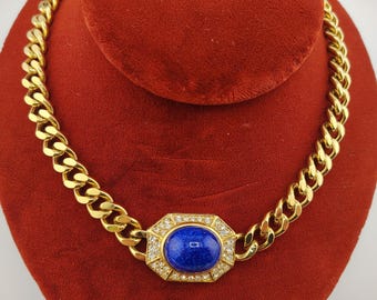 Designer Ciner Gold Tone Chunky Chain Necklace Blue Glass