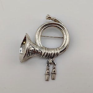 Vintage Lang Sterling Silver French Horn Brooch Pin- Musical Instrument Hunting Horn with Dangles- Estate Collector Jewelry Gift K#170