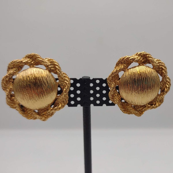 Monet Vintage Gold Tone Elaborate Textured Button Design Clip On Earrings- Vintage Designer Monet Jewelry- Jewelry Collector Gift K#463