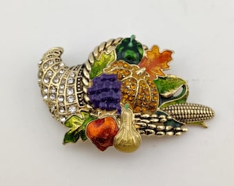 Vintage Napier Cornucopia Enameled Rhinestone Brooch Designer Autumn Harvest Fall Jewelry